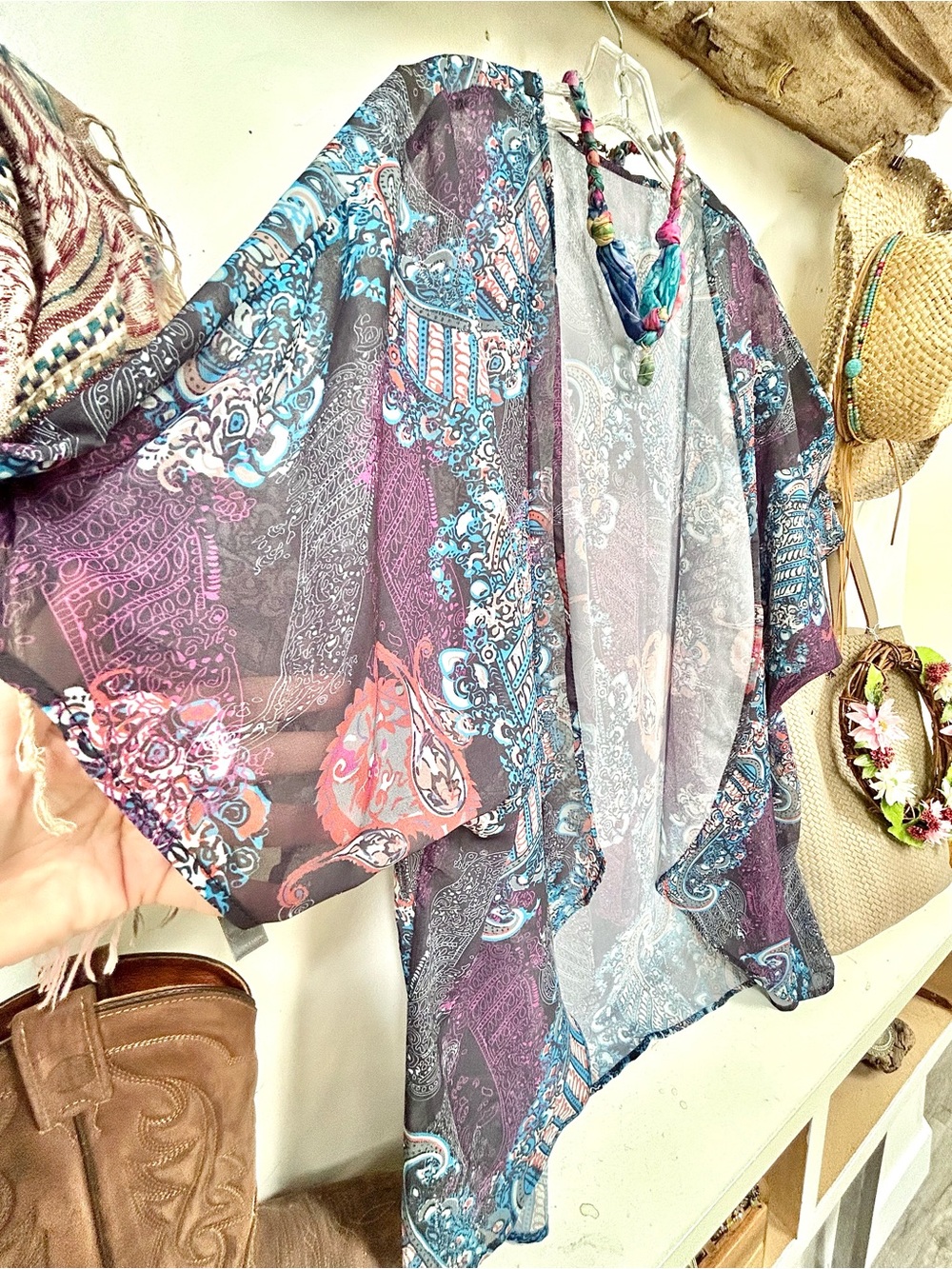 Boho Paisley Open-Front Kimono cover up Gypsy southwestern vibe - Picture 3 of 9